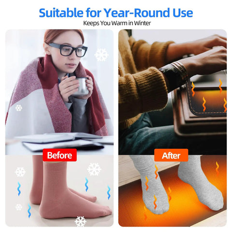 Before and after using Cozy Up Your Desk With This Heated Pad For Keyboard And Mouse, warming feet and hands in winter.