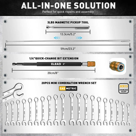 Heavy Duty 58 Piece Magnetic Impact Nut Driver Set With Metric And SAE Mini Wrench Set, Impact Socket Adapter, 3 Pound Magnetic Pickup Tool, Wing Nut Driver, Universal Socket, And One Quarter Inch Quick Change Bit Extension