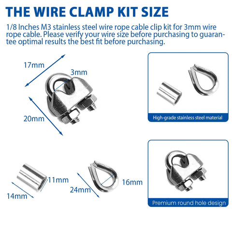 60 Piece M3 Stainless Steel Wire Rope Clip Clamp Set With Thimble And Aluminum Crimping Loop Sleeve For Outdoor Use Three Styles 20
