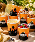 50 Pack 9oz Camping And Hiking Themed Disposable Paper Cups For Parties And Outdoor Adventures with assorted snacks