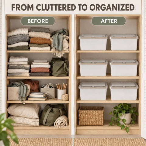 Before and after organizing with Crushing Clutter Game Changer Heavy Duty Plastic Storage Totes, stacked for home use.
