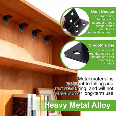 Heavy Duty L Shaped Shelf Brackets Set In Black Stainless Steel Beefy Corner Braces on wooden shelf, 96 Pack, various sizes