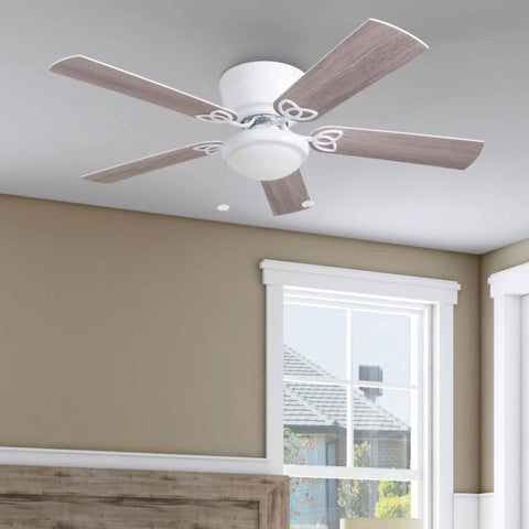 52 Inch Indoor Ceiling Fan With Light And LED Flush Mount 5 Blade Style In White Or Gray Oak Finish for large rooms