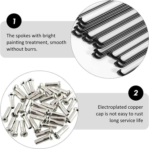 Stainless Steel Bike Spokes And Nipples 12G 130mm Black 10 Pack For Mountain Road And Hybrid Bikes, close-up view with captions