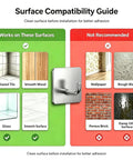 Surface compatibility guide for Rock Solid Self Adhesive Wall Hooks Crafted From Premium Stainless Steel For Zero Drill Wall Mounting And Effortless Home Organization With A Smooth Silver Look Set Of Four.