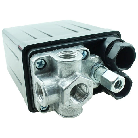 Vertical Four Way Air Compressor Pressure Switch 90-120 PSI 240V Black, Compact 82x52x127mm, side view