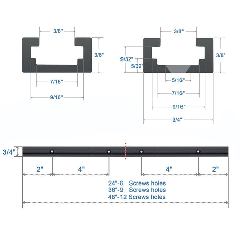 Diagram of Durable Aluminum 24 Inch T Track Kit With Two Hold Down Clamps For Woodworking Fits 5/16 And 1/4 T Bolts, measurements shown.