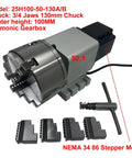 Heavy Duty CNC Rotary Fourth Axis Kit With Workhorse Harmonic Reducer Gearbox And Tough As Nails 130Mm Chuck showing 3 jaws and NEMA 34 stepper motor.