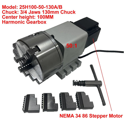 Heavy Duty CNC Rotary Fourth Axis Kit With Workhorse Harmonic Reducer Gearbox And Tough As Nails 130Mm Chuck showing 3 jaws and NEMA 34 stepper motor.