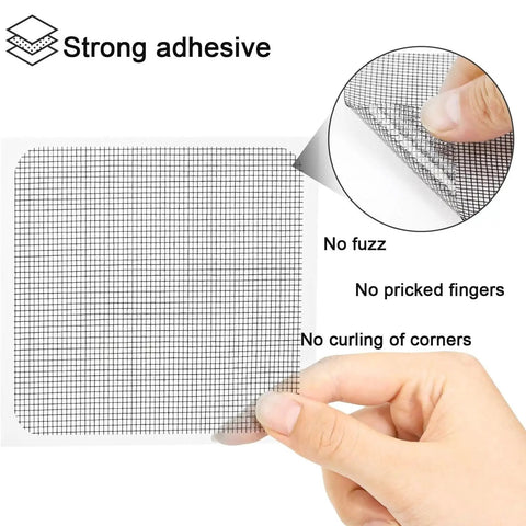 Self Adhesive Window Screen Patch Kit That Sticks Easy Fiberglass Patch Tape for Quick Fixes on Tears and Holes, showing adhesive side