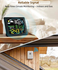 Indoor Outdoor Wireless Weather Station With Large Six Point Seven Inch LCD Display Digital Thermometer Hygrometer Barometric Pressure Real Time Weather Forecast Alarm Clock Temperature And Humidity Calibration For Home on desk and installed outside
