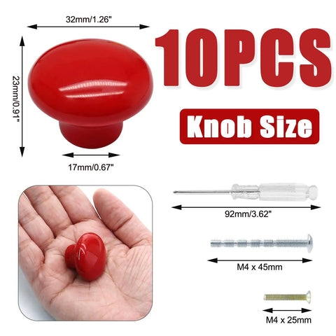 Totally Rad Red Ceramic Cabinet Knobs, 32mm Standard Round Pull Handles for Kitchen Cupboards and Drawers, 10 Pack Set with Screwdriver Included.
