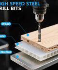 Heavy Duty HSS Drill Bit Set 1/16 To 1/2 Inch With Black And Gold Oxide Finish drilling through wood, plastic, and steel