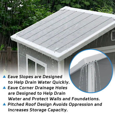 4x3 Ft Resin Outdoor Storage Shed With Sloped Roof and Rain Holes showing drainage feature, gray, in backyard garden setup