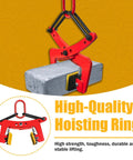 Red granite lifting clamp with hoisting ring lifting a concrete block, front view.