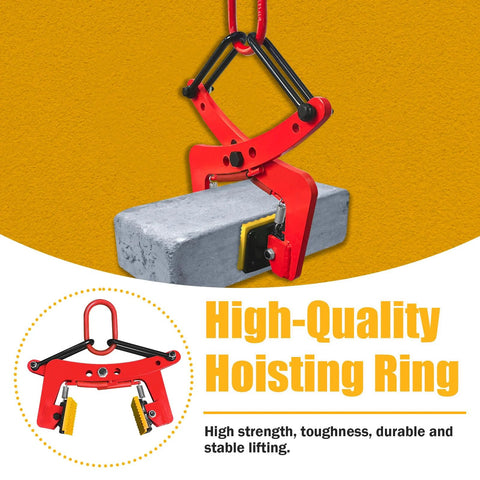 Red granite lifting clamp with hoisting ring lifting a concrete block, front view.
