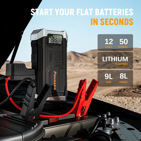 All In One 5000A Jump Starter With Air Compressor And 150 PSI Tire Inflator Portable 12V Jump Box with clamps on vehicle engine