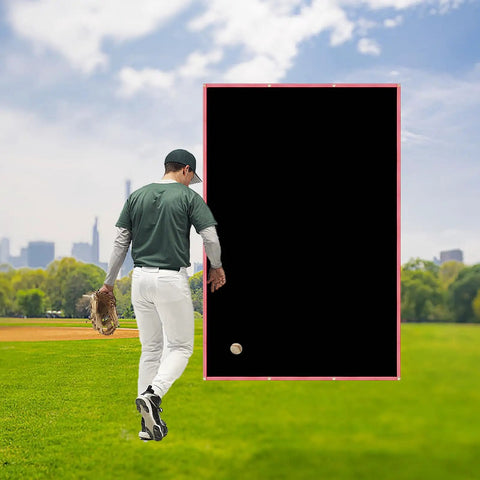 Baseball Batting Cage Backstop 4x6 Ft Heavy Duty PVC Vinyl Net With Strike Zone in park with player approaching