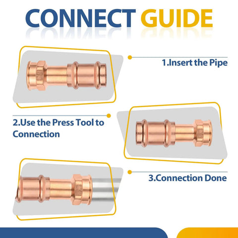 One Hundred Pack Copper 1 Inch Street Adapter Fitting Press Connect To Npt Female Thread Connector For Hot And Cold Water Supply Heavy Duty Pro Plumber Grade Rock Solid Design Quick Install connection guide steps for copper fittings.