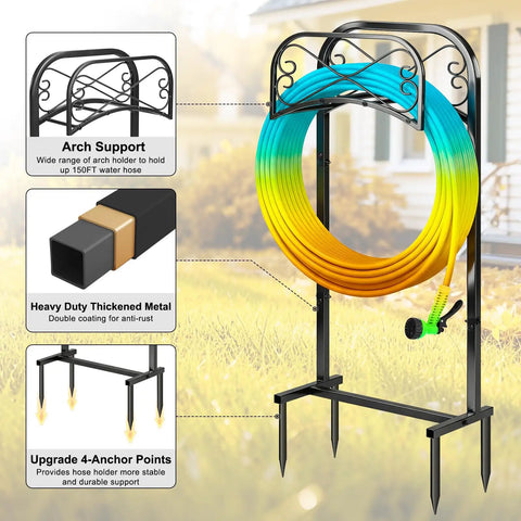 Outdoor Garden Hose Holder Stand 43 Inches Tall With Four Prongs Base Detachable Metal Hose Keeper Freestanding Super Sturdy Heavy Duty Organizer Holds Up To 150 Feet Of Hose Black shown with colorful hose