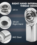 Heavy Duty 3/8 Inch Bore Rod End Bearings With Right Handed Female Thread And Jam Nuts Built Like A Tank For Hydraulic Auto Machinery Rock Solid Wear Resistant Steel Construction 2 Pack, showing detailed thread design.