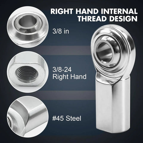 Heavy Duty 3/8 Inch Bore Rod End Bearings With Right Handed Female Thread And Jam Nuts Built Like A Tank For Hydraulic Auto Machinery Rock Solid Wear Resistant Steel Construction 2 Pack, showing detailed thread design.