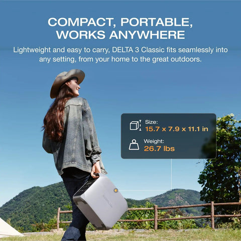 Person holding Delta 3 Classic Go-To Portable Power Station 1024Wh LiFePO4 Battery, 1800W AC Output, standing outdoors.