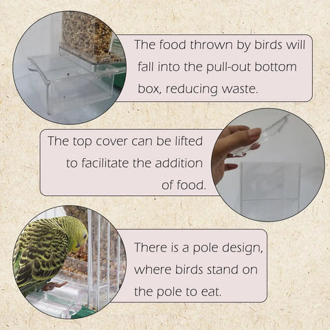 No Sweat Automatic Bird Feeder For Cage Parrot Food Dispenser With Crystal Clear Perch and Quick Load Hopper showing clear pull-out box and feeding pole.