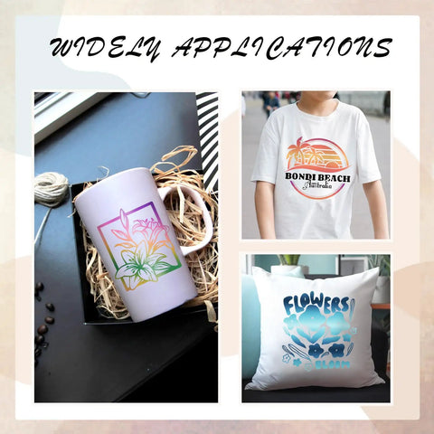 Gradient Sublimation Transfer Paper Set Pro Grade 15 Sheets 12x10 Inch Ombre Pattern used on mug, t-shirt, and pillow in collage