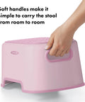 Rock Solid Toddler Step Stool With Sure Grip Rubber Base And Light Carry Handles shows soft handles for easy movement.