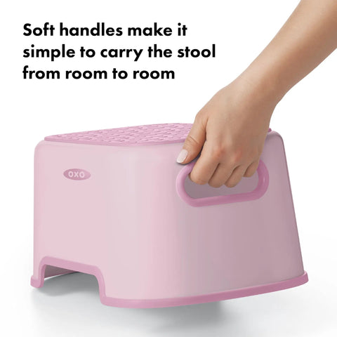 Rock Solid Toddler Step Stool With Sure Grip Rubber Base And Light Carry Handles shows soft handles for easy movement.