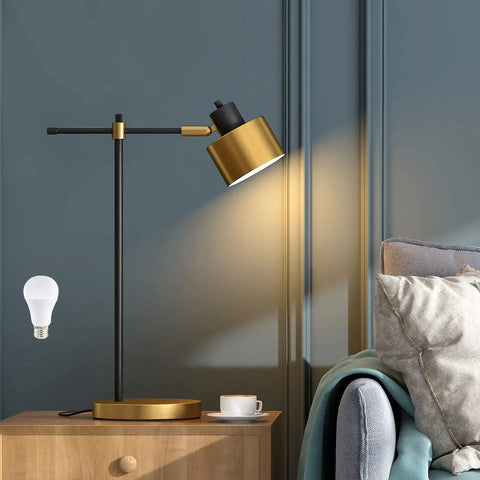 Mid Century Modern Desk Lamp With Matte Black Finish And Gold Accent, Sleek 22.25 Inch Metal Table Light For Home Office Bedroom Study Living Room Nightstand, 5W Bulb Included, next to teal sofa.