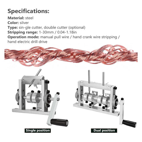 Heavy Duty Manual Wire Strippers Machine With Electric Drill Compatibility shown in single and dual positions, suitable for 1-30mm cables.