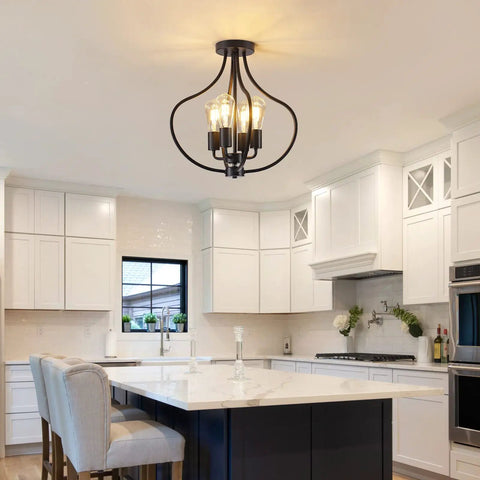 Go-To Four Light Farmhouse Semi Flush Ceiling Light In Black in modern kitchen setting