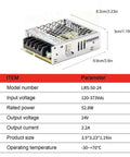 Heavy Duty 24V 2.2A 52.8W Industrial Switching Power Supply With 300VAC Surge Shield And Rock Solid Vibration Testing Certified Ul Tuv Ce For Cnc Routers Automation Rig And Shop Ready Setup, detailed view with specifications.
