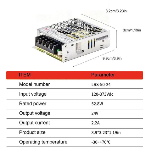 Top Tier 50W 24V Switching Power Supply Runs Rock Solid In An Ultra Flat 1U Tray with input voltage details and dimensions.