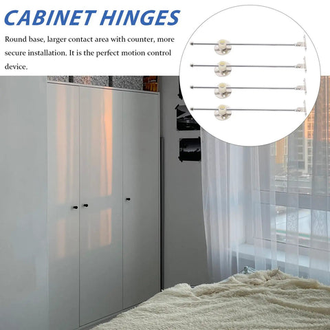 4 Pack Cabinet Door Hinges Flap Stay Dampers Soft Close Lid Supports shown with wardrobe background in bedroom.