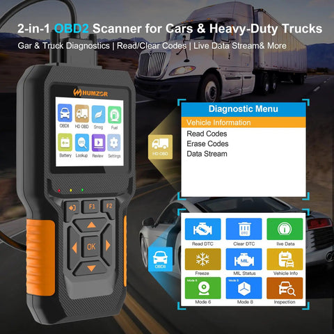 New 2026 12V/24V OBD2 Diesel Diagnostic Scanner for Heavy Duty Trucks and Cars displayed with diagnostic menu on screen