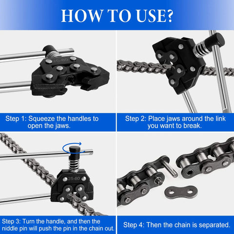 Belleone chain breaker tool for roller chains (motorcycle/bicycle), black metal with silver jaws and push pin