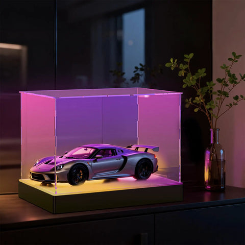 Lit Display Case With RGBW LED Lights USB Powered Switch Panel And App Control For 1:18 Scale Car Models, pink glow