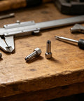 Two Piece Grease Tool Kit With Steel Tip Nozzles For Precision Greasing on a wooden workbench with tools