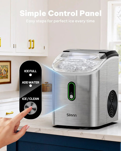 Snappy Countertop Nugget Ice Maker With SelfClean Tech Cranks Out 36 Pounds Of Chewable Sonic Pellet Ice Daily showing simple control panel.