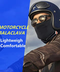 Person wearing Cooling Ice Silk Balaclava Face Mask With Glasses Holes For Men And Women, on a motorcycle, with a helmet and leather jacket