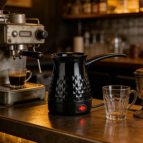 Go To Turkish Coffee Maker 600Ml Electric Pot With Even Heating Removable Anti Scald Handle Spill Proof Pour Spout Ideal For Turkish Greek Arabic Tea Milk Or Butter Quick Brew For Fresh Flavor Every Morning, on a kitchen counter next to a glass cup.
