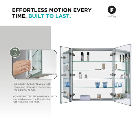 Heavy Duty Anodized Aluminum Bathroom Medicine Cabinet Featuring Adjustable Tempered Glass Shelves And Mirrored Interior, open view with organized shelves.