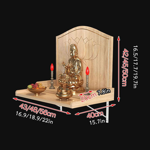 Wall Mounted Buddha Altar Shelf With Lotus Carving And Metal Brackets For Home Meditation And Prayer, Solid Wood Shrine Table