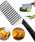 Front view of Suuker crinkle-cut knife with stainless blade and black handle; cucumber slices and fries shown.