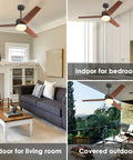 52 Inch Ceiling Fan With Lights And Remote For Indoor Use, Modern Walnut Finish, shown in living room, kitchen, outdoor area