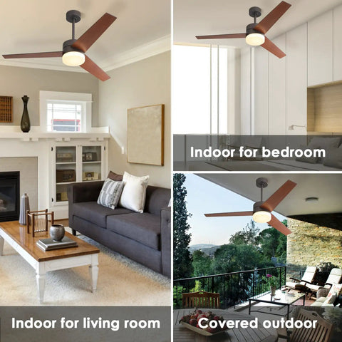 52 Inch Ceiling Fan With Lights And Remote For Indoor Use, Modern Walnut Finish, shown in living room, kitchen, outdoor area