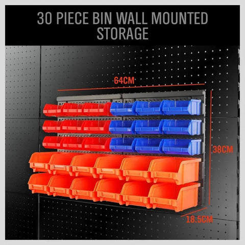 Wall Mounted Storage Bin Rack Kit 30 Piece Parts Organizer For Garage And Shop Durable Plastic With Color Coded Bins